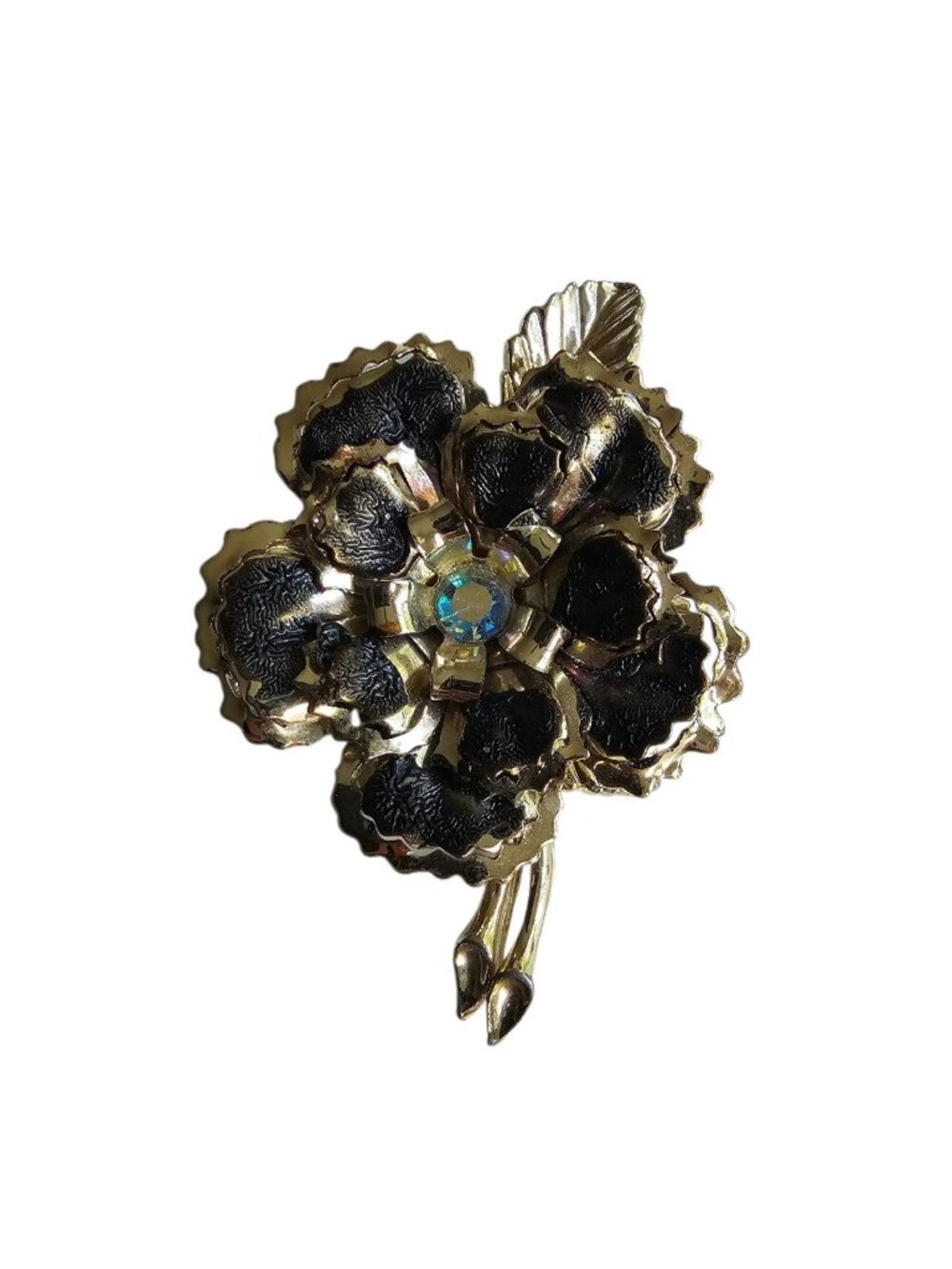 80s - 90s black and gold flower with central iridescent rhinestone brooch